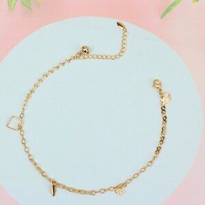 "Rose Gold Charm Anklet with Floral, Leaf & Square Link Accents, XPAL1045